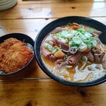 Ramen Yakiniku Emikichi - 【2021.3.12(金)】もつ煮込みラーメンミニかつ丼セット(並盛・150g)1,000円