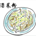 Enji shan Okachimachi Ten - ビーフンと白菜漬と豚肉細切り、を鶏ガラスープで炒め煮。黒酢添加しごはんにのっけていただきました。欲をいえば唐辛子が欲しい。¥950