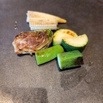 ステーキハウス アクア - 甘くて美味しい野菜。椎茸苦手なので、芽キャベツに替えて下さいました。