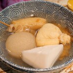 Oden no Maruchu - 大根、はんぺん、もちきん、ギョーザ巻、牛スジ、あさり天