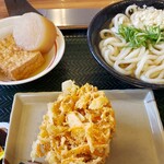 Hanamaru Udon Okayama Takaya Ten - かけ（中）、おでん（厚揚げ、大根）、かき揚げ