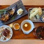 Uoza Shokudo - 特大とろ鯖西京焼き定食、天ぷら、うなぎ飯。