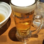 天老 - おでんと日本酒を頂き終え、お次は生ビール「プレミアムモルツ」と…