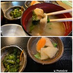 一手一つ - 上 味噌汁の具材
      下 小鉢の煮物と松前漬け？