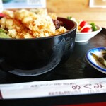 Megumi Shokudo - 天丼(￥750)。どんぶりにサラダ、お新香と味噌汁付いてこの価格！