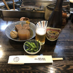 Oden Kappou Inagaki - キリンラガー中瓶、お通し(茶豆) 、おでん 関東風(醤油味)