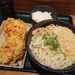 はなまるうどん - かけうどん(大)+かき揚げ2個+大ライス1