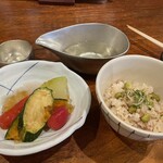 石臼挽手打ち蕎麦 えび家 - 季節の冷やし鉢・梅干しと枝豆の炊き込みご飯