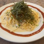 東中野イタリアングラート - 男性人気No1の和風カルボナーラ(のりたま)1050円 乾麺かな、美味しいのだけど見た目の通りあまりスープに絡まない。生パスタや平麺の方が合いそう。