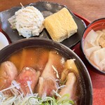 竹中豆腐工房 - 左から、漬物、おからサラダ、豆乳だし巻き、お吸い物