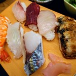 Washoku Sushi Morikawa - 令和6年5月 ランチタイム(11:00〜13:30)
                      寿司定食 税込1200円
                      にぎり寿司7貫、茶碗蒸し、炊き合わせ、小鉢2種、みそ汁、食後のアイスコーヒー、フルーツ