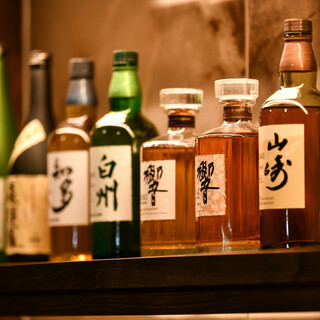 Carefully selected drink selection including rare whiskey and shochu