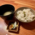 Ichirin - アオサの味噌汁、えんどう豆ご飯、香の物