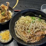 そば焼肉ふくろう - 「揃った」ところで('◇')ゞ★昼のお得セット（肉そば・冷・細麺／ミニげそ天丼／950円税込）★