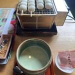 コメダ和喫茶 おかげ庵 - ホット抹茶ミルクと焼き物のだんご