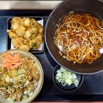 ゆで太郎 - 2024年8月　ミニ薬味ネギ豚丼セット　温そば（〇特セット）+AKEかきあげ（単品）　760+350円