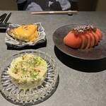 肉料理Nick - 手前ポテサラ奥左オムレツ右トマトポン酢ジュレ