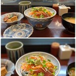 Sushi Sennari - 横から見てもしっかり深さのある丼に、
                      小鉢というよりしっかりした煮物の一皿、
                      熱々のお味噌汁のセットです。