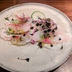 Osteria & Bar Ristoro - 鮮魚のカルパッチョ　２種で1つは鯛、すだちの香りがなんとも言えず。1つはアンチョビかしら!?お魚は忘れました。とにかく美味しかった。そして美しい!!