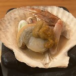 Sake Sakana Shun Mitsuishi - 三ツ石特製　海鮮貝焼き味噌　(帆立・海老・蟹・うに)　1200円　火入れ前