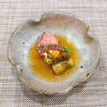 Japanese cuisine  Koushu An - 名ごり 焼茄子 牛低温 筋子 ウニ 出しジュレがけ 花穂 生姜