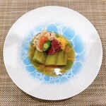 Japanese cuisine  Koushu An - はしり 白子 ミキュイ 秋茄子 翡翠 白菜 胡瓜