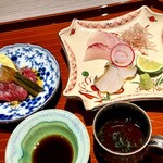 おい河 - お造り/ニタリ鯨、ウメイロ、あわび