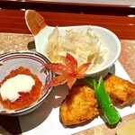 おい河 - イクラ味噌漬けクリームチーズ掛け、絹かわ茄子ソーメン、クエザンギ