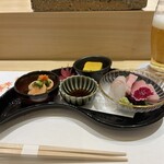 Sushi Nanoumi - 旬の3点盛り。左から鮟肝ポン酢、南京豆腐、お造り