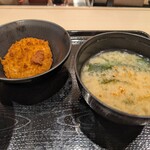 Matsu no Ya Handa Ten - サービス券でいただいたコロッケに味噌汁。