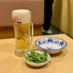 Gyoza Ichiba Nezu Ten - 生ビール 中 240円＋税、お通し (枝豆) 200円＋税
      2024年12月11日