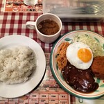 キッチンセブン 街のハンバーグ屋さん - 目玉ハンバーグ&チーズIN•メンチカツ定食 (サービスランチ)