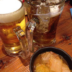 Yakitori Yamacho Sohonten Nikai - 生ビール、黒ホッピー、お通し