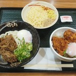 Hanamaru Udon Ario Fukaya Ten - 牛肉温玉ぶっかけ＋鶏の唐揚げ丼