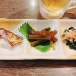 Seafood Izakaya Yamato Suisan Fukushima Ten - 珍味3種盛り(へしこ、葉わさび、梅水晶)  580