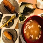 Kushiageya Yoshi - 左上から下に、カツ、アスパラ、コロッケ。
                        右はシメのおにぎり&味噌汁