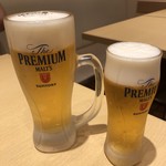 海幸 - まずはビール・・生ビール（中：550円）、小（450円）。100円違いでこれだけ量が違うなら「中」がお得かも。