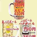 すし屋 銀蔵 - 角,ジムビームハイボール１９０円　角,ジムビームメガハイボール３６０円 　モルツ380円エビス420円　各１杯の値段です。