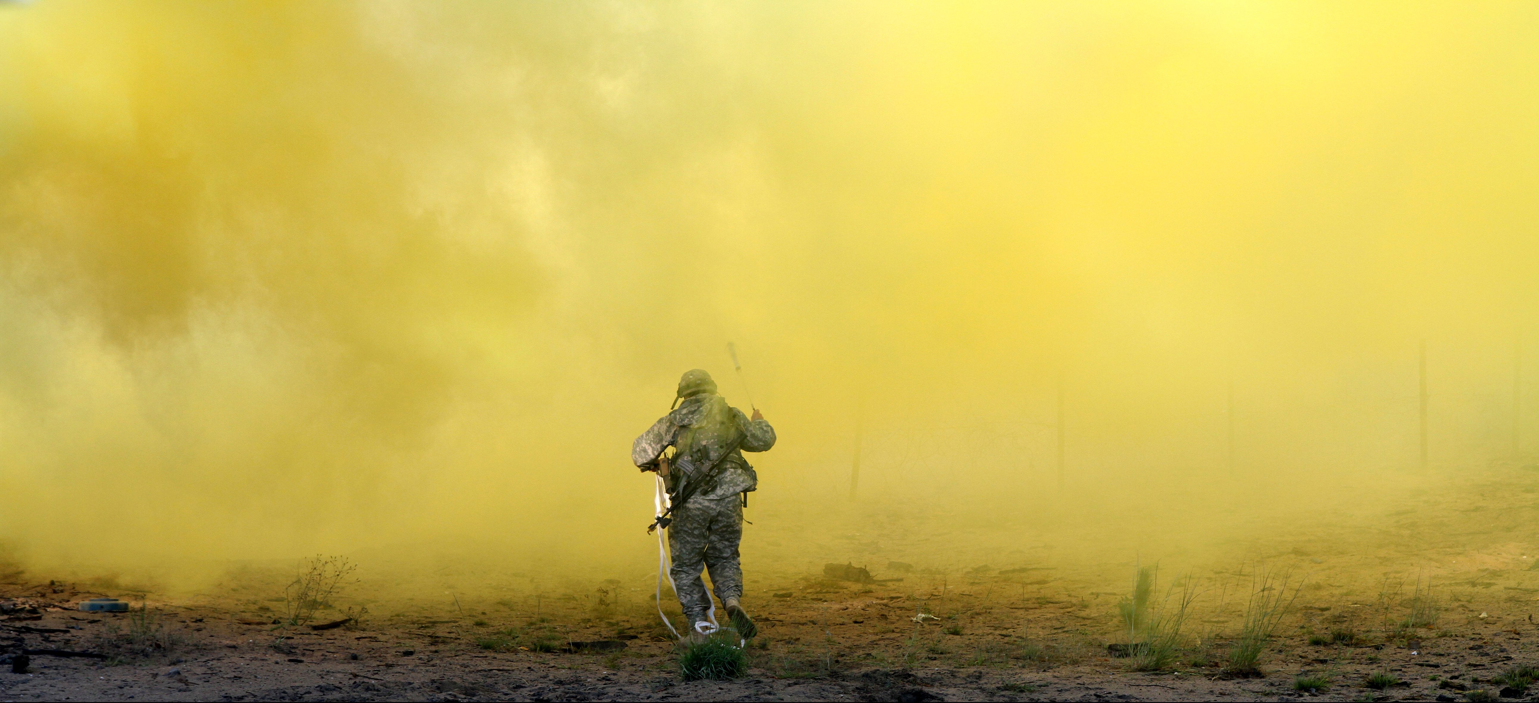 An Ohio National Guard Soldier from the St. Marys, Ohio, Company A, Special Troops Battalion, 37th Brigade throws a grappling hook in order to identify possible enemy mines during training at Camp Grayling Joint Maneuver Training Center, Grayling, Mich., Aug. 21, 2015. The Soldier is participating in the eXportable combat training capability program designed to certify platoon proficiency in coordination with 1st Army. (U.S. Army National Guard photo by 1st. Lt. Tyler Piper/Released)