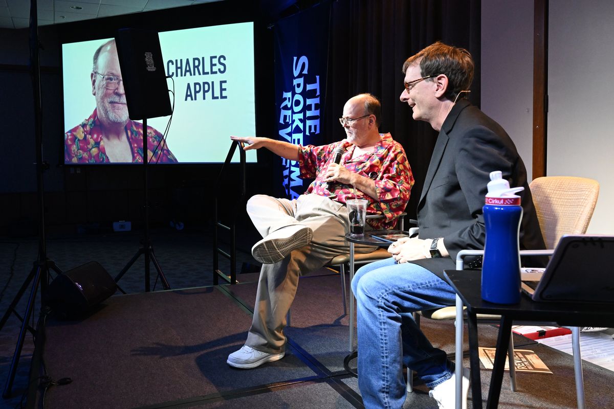 Further Review Editor Charles Apple, left, and Spokesman-Review Editor Rob Curley speak at a 2023 Northwest Passages event.  (Jesse Tinsley/The Spokesman-Review)