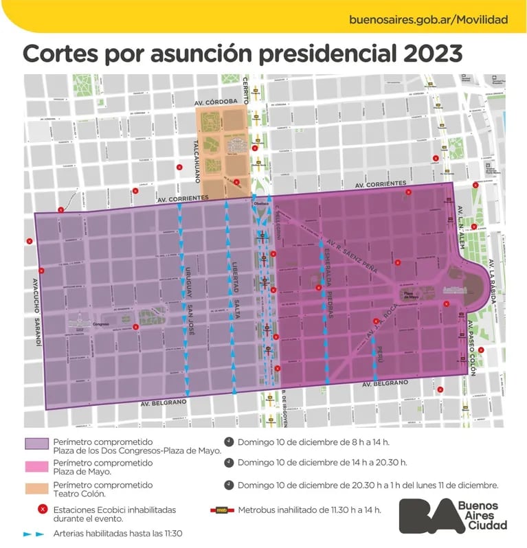 Mapa de cortes por la asunción presidencial (Foto: Secretaría de Transporte y Obras Públicas de la Ciudad).