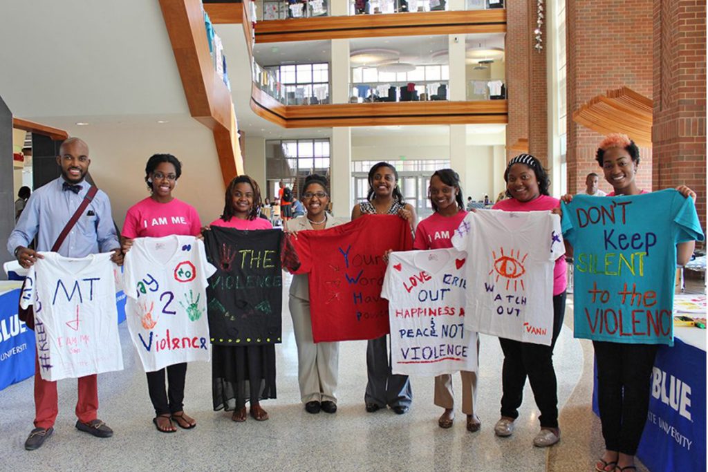 Participants at a previous “Clothesline Project” display T-shirts bearing Sexual Assault Awareness Month messages in the Student Union atrium, 1768 MTSU Blvd. This year, students can visit the creation station that will be set up in the atrium from 11:30 a.m. and 12:30 p.m. Tuesday, April 1, and 12:30-1:30 p.m. Thursday, April 3, to create a T-shirt. (MTSU file photo)