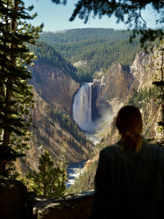 emily sitting on a bench looking a the waterfall through the colorful canyons of the Grand Canyon of the Yellowstone