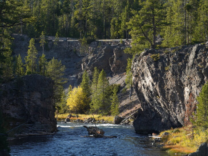 view down the canyon along the firehole canyon loop drive