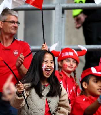 COPENHAGEN, DENMARK - JUNE 21: Children's smiles activation during the UEFA Euro 2020 Championship Group B match between Russia and Denmark at Parken Stadium on June 21, 2021 in Copenhagen, Denmark. (Photo by Martin Rose - UEFA/UEFA via Getty Images)