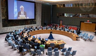 A wide view of the Security Council as they hold a procedural vote on the agenda ahead of the Security Council meeting on the situation in the Middle East, including the Palestinian question. On the screen is Tor Wennesland, Special Coordinator for the Middle East Peace Process. (UN Photo/Eskinder Debebe - 26 March 2024)