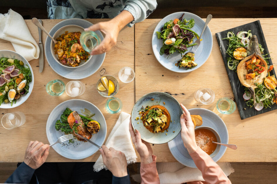 Overhead view of plates at Carbon Beach Club