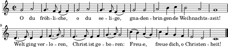 
<<
  \new Voice \relative c'' {
    \autoBeamOff
    \language "deutsch"
    \tempo 4 = 120 \set Score.tempoHideNote = ##t
    \time 2/2
    \repeat unfold 2 {
      g2 a g4. f8 e4 ( f )
    }
    g2 g a h4 c h2 a g1
    d4. ( e8 ) d4 e f4. ( g8 ) f2
    e4. ( f8 ) e4 f g4. ( a8 ) g2
    c4 ( h ) a ( g ) c a g f e2 d c1 \bar "|."
  }
  \addlyrics {
    O du fröh -- li -- che, o du se -- li -- ge,
    gna -- den -- brin -- gen -- de Weih -- nachts -- zeit!
    Welt ging ver -- lo -- ren, Christ ist ge -- bo -- ren:
    Freu -- e, freu -- e dich, o Chris -- ten -- heit!
  }

>>
