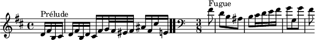 
\version "2.18.2"
\header {
  tagline = ##f
}

\score {
  \new Staff \with {

  }
<<
  \relative c' {
    \key b \minor
    \time 4/4

     %% INCIPIT CBT II-24, BWV 893, si mineur
     \partial 4
     s4*0^\markup{Prélude} d16 fis b, cis d fis b, d cis fis g32 fis eis fis ais16 fis cis' e, \bar ".."
      \skip 8*1
      \override Staff.Clef.extra-offset = #'( -1 . 0 )
      \clef bass
     \time 3/8 \partial 8
     s4*0^\markup{Fugue} fis8 d b ais b cis16 d e fis g8 g, g' fis

  }
>>
  \layout {
     \context { \Score \remove "Metronome_mark_engraver"
     \override SpacingSpanner.common-shortest-duration = #(ly:make-moment 1/2) 
       }
  }
  \midi {}
}
