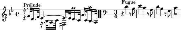 
\version "2.18.2"
\header {
  tagline = ##f
}

\score {
  \new Staff \with {

  }
<<
  \relative c'' {
    \key g \minor
    \time 4/4
    \override TupletBracket.bracket-visibility = ##f

     %% INCIPIT CBT II-10, BWV 879, mi mineur
     << { r16.^\markup{Prélude} g32 d16. f32 ees4~ ees16. ees32 d16.\prall c32 a'16. c,32 bes16.\prall a32 } \\ { r4 r16. bes32 a16. c32 fis,2 } >> \bar ".." 

     \skip 8*1
     \override Staff.Clef.extra-offset = #'( -1 . 0 )
     \clef bass 
     \time 3/4 \partial 2. \relative c' {
     r4^\markup{Fugue} d4 r8 bes8 ees4 c r8 a8 d4 bes r8 g8 
{ 
 % suppression des warnings :
 #(ly:set-option 'warning-as-error #f)
 #(ly:expect-warning (_ "stem does not fit in beam")) %% <= à traduire éventuellement
 #(ly:expect-warning (_ "beam was started here")) %% <= à traduire éventuellement
  \set stemRightBeamCount = #1
  c4*1/2[ s]
} }
  }
>>
  \layout {
     \context { \Score \remove "Metronome_mark_engraver" 
                \override SpacingSpanner.common-shortest-duration = #(ly:make-moment 1/2) 
          }
  }
  \midi {}
}
